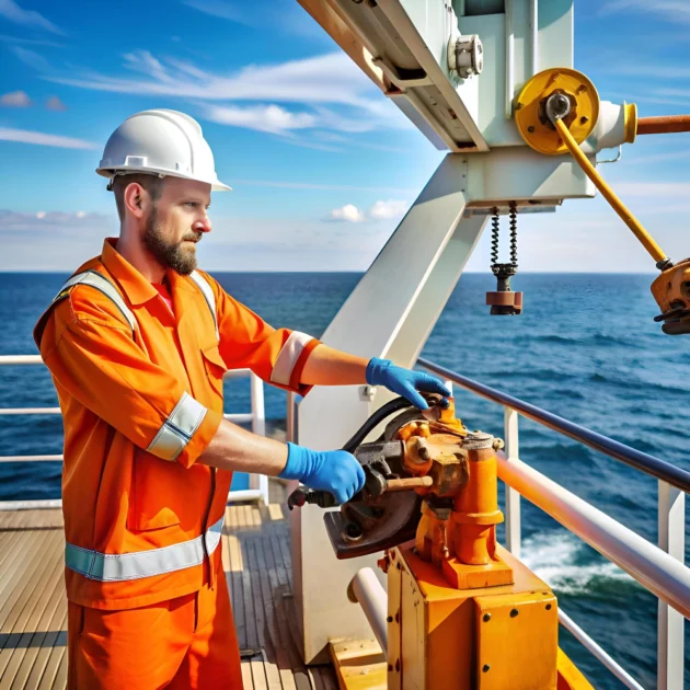 Seafarer operating equipment on a ship's deck